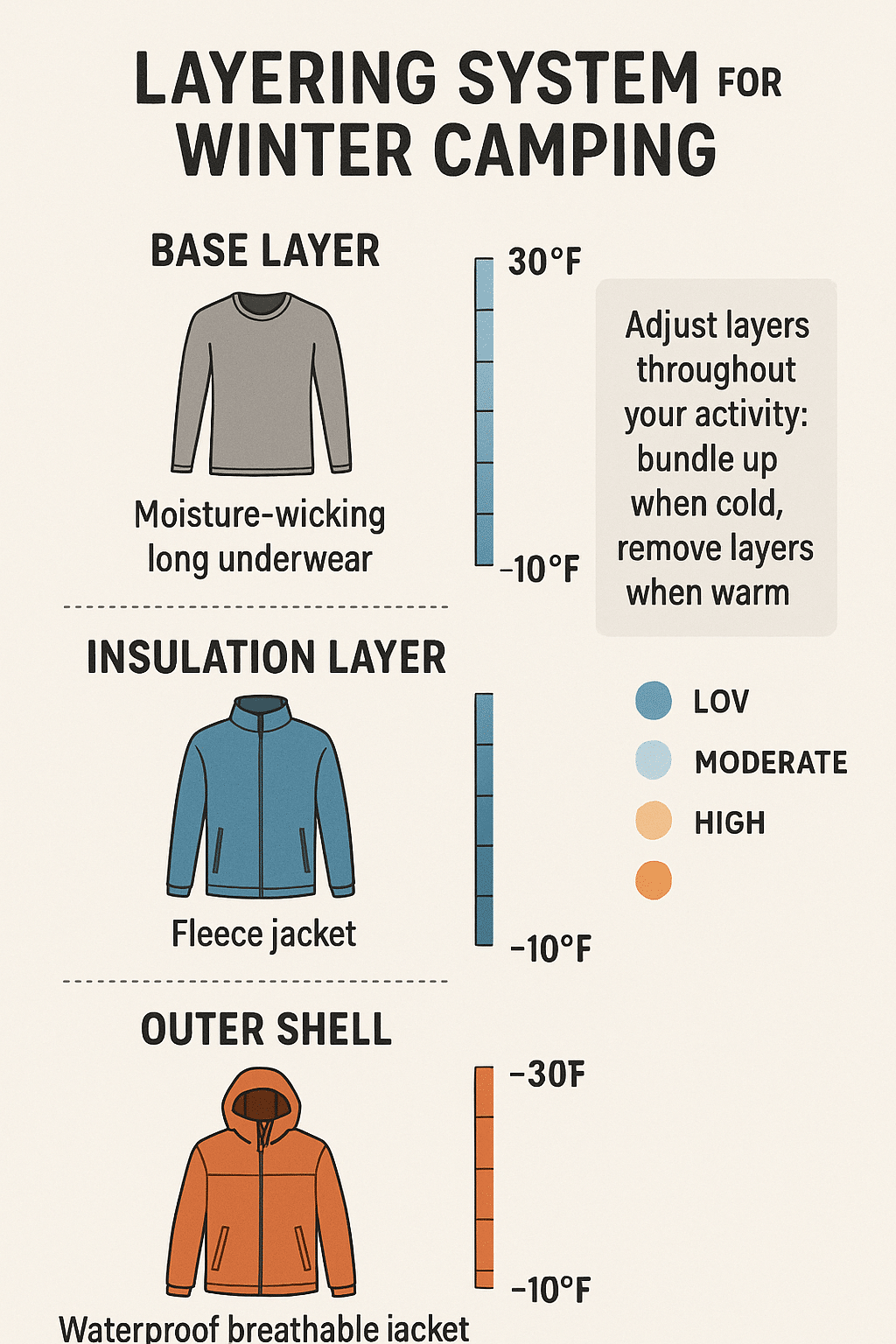 infographic showing layering system for winter camping essentials with base insulation and outer she