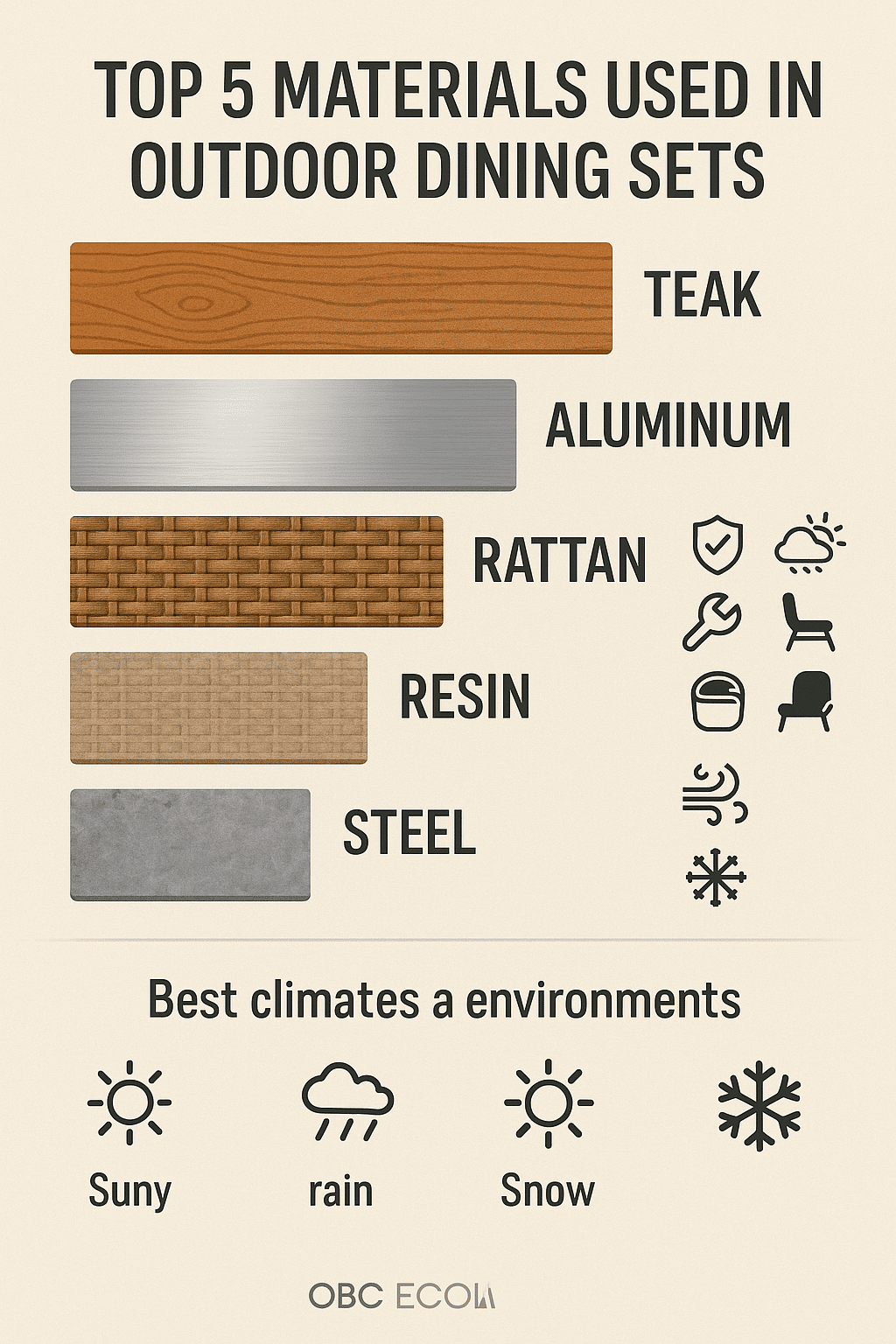 infographic showing top materials used in outdoor dining sets with durability and weather resistance