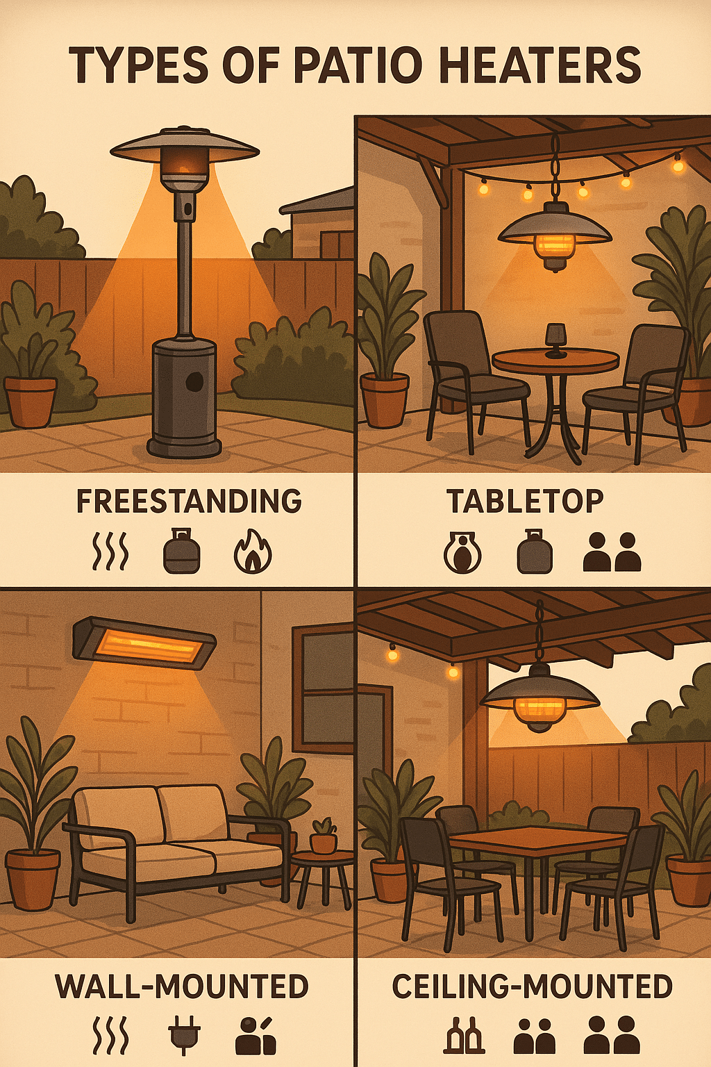 infographic showing types of patio heater reviews with features and uses for outdoor enthusiasts