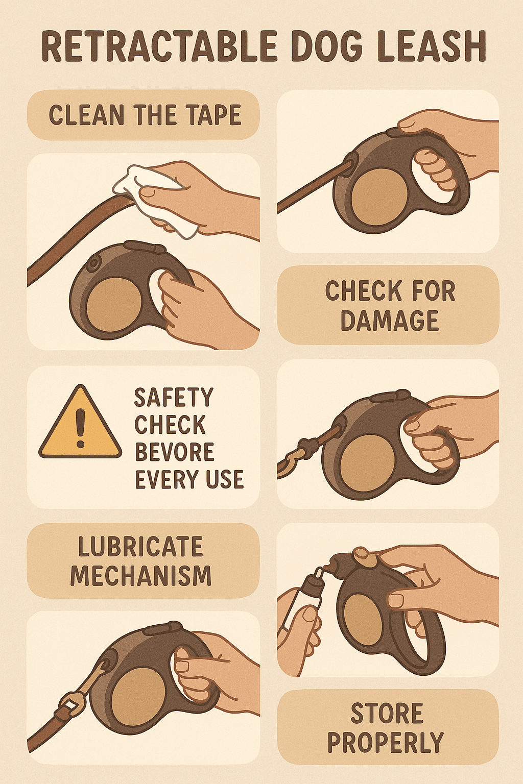 infographic with retractable dog leash care tips and maintenance advice for pet owners