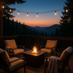 inviting outdoor patio furniture setup on mountain deck at dusk with fire pit and string lights