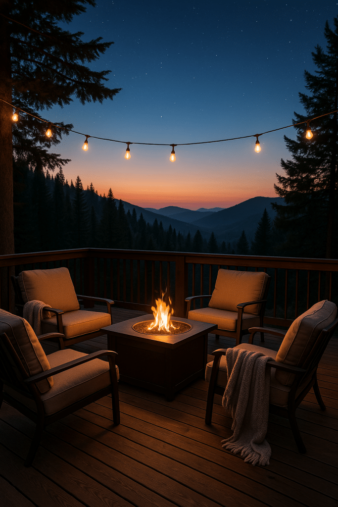 inviting outdoor patio furniture setup on mountain deck at dusk with fire pit and string lights
