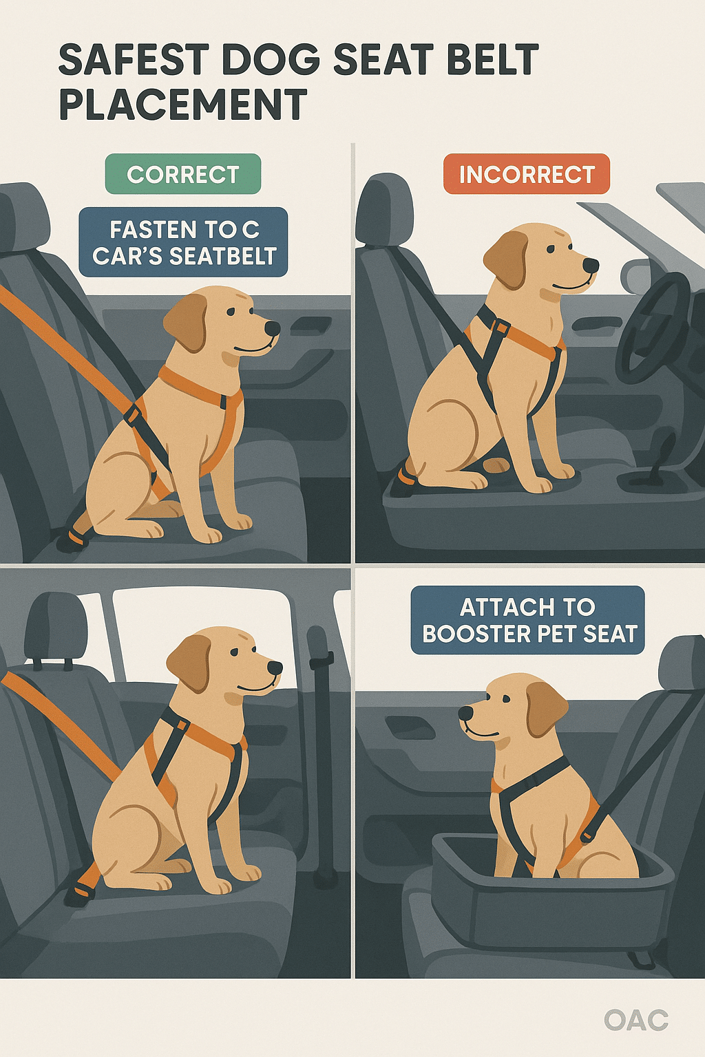 labeled diagram illustrating safe dog seat belt for cars placement and correct attachment points