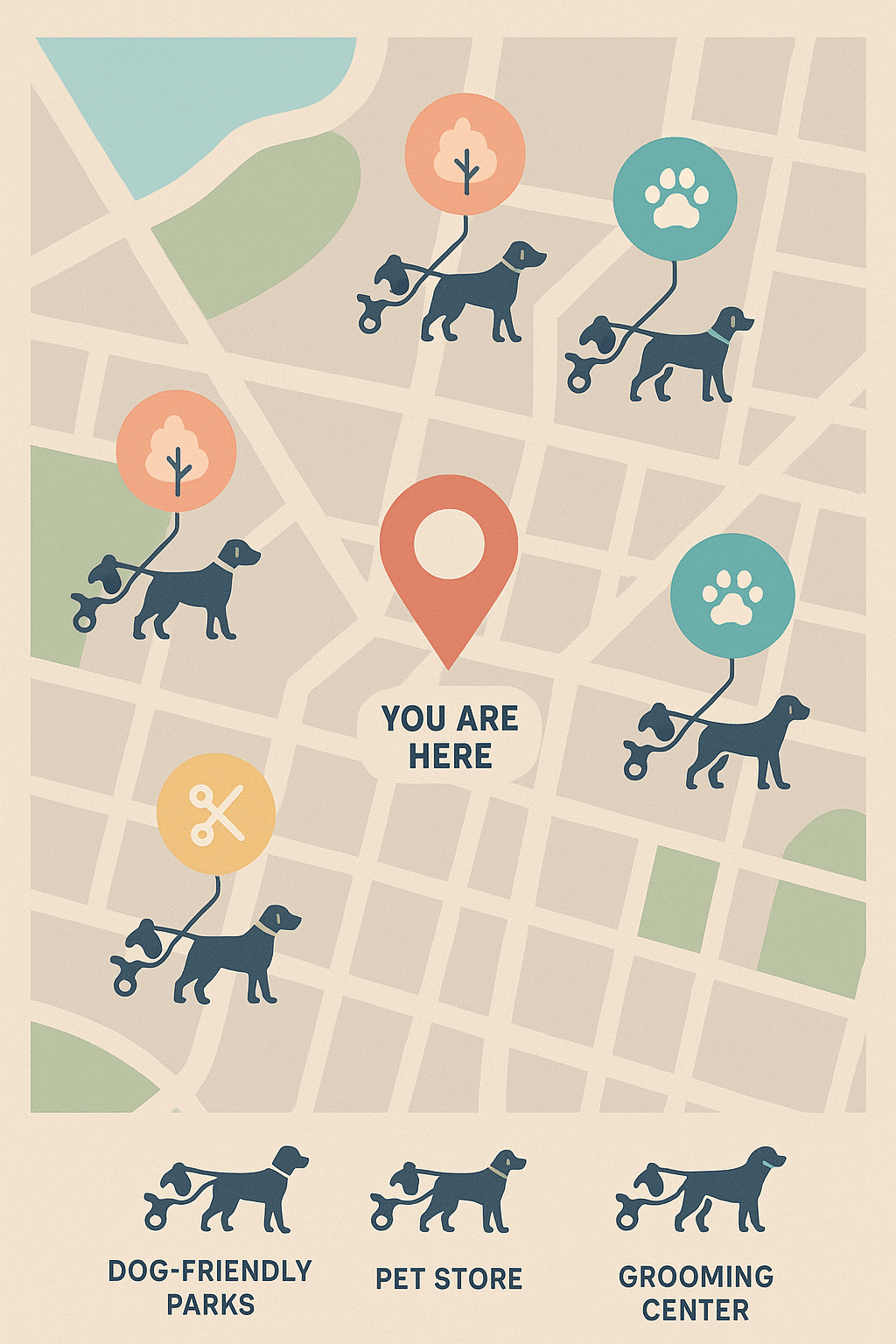 local map showing pet services and stores for retractable dog leash owners