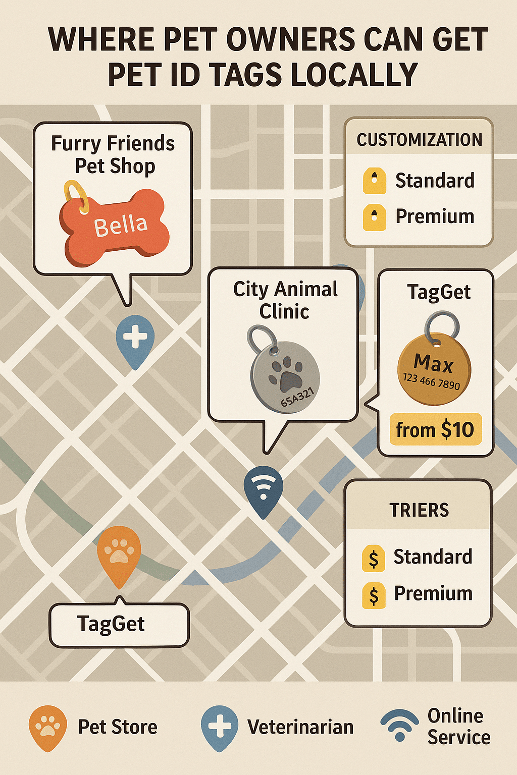 local services map for pet id tags showing stores veterinarians and online options