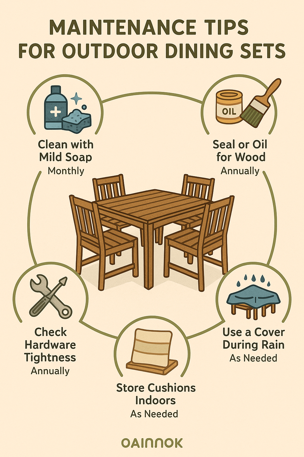 maintenance tips infographic for outdoor dining sets showing cleaning sealing covering and storage a