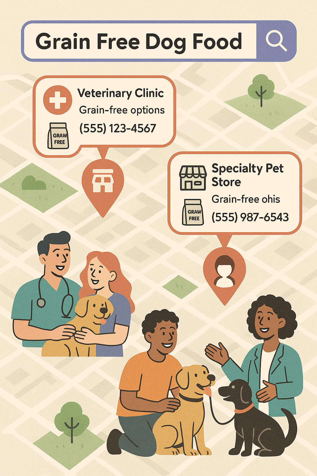 map graphic showing local services offering grain free dog food for pet owners