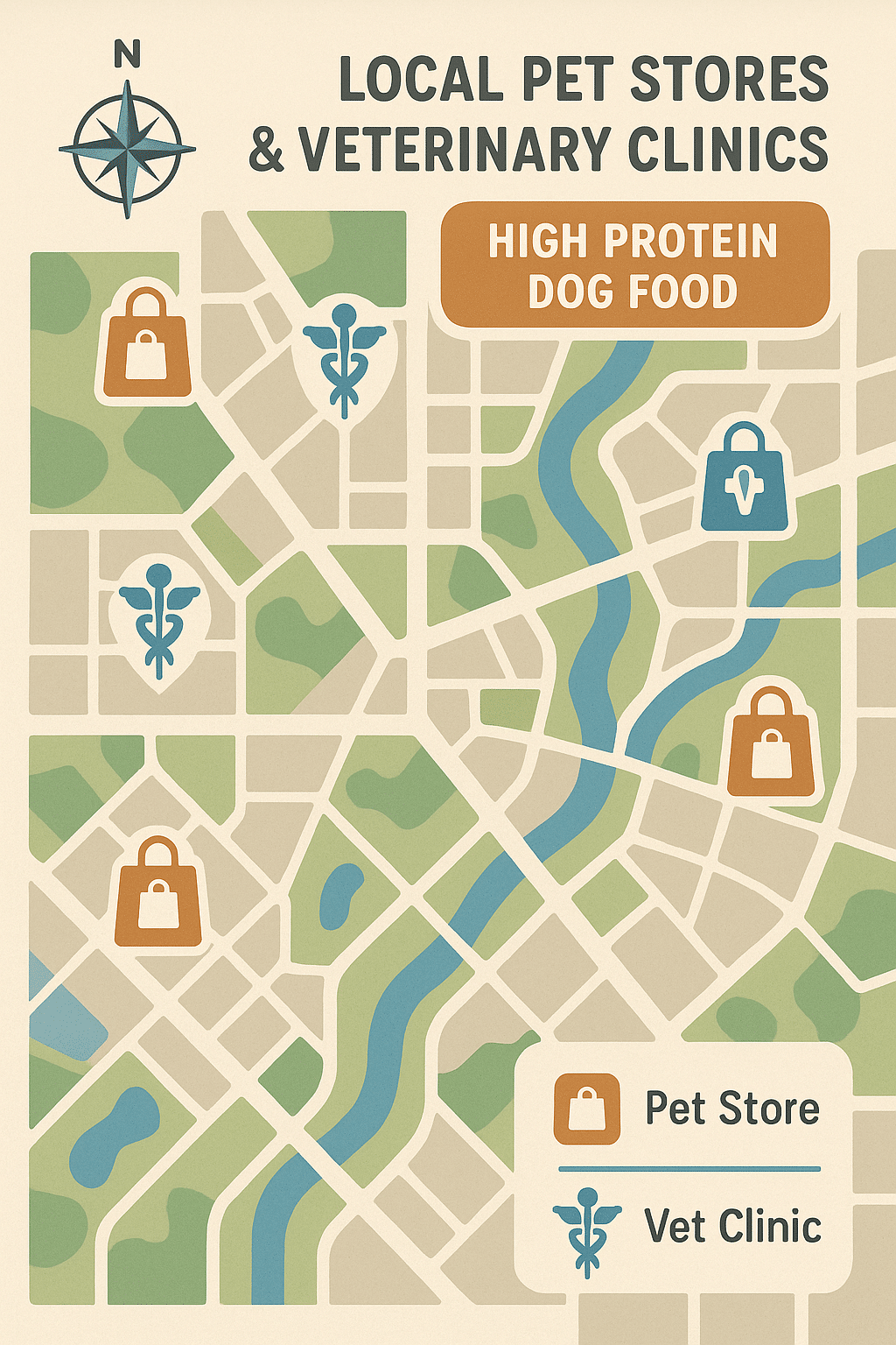 map showing local pet stores and vet clinics offering high protein dog food options