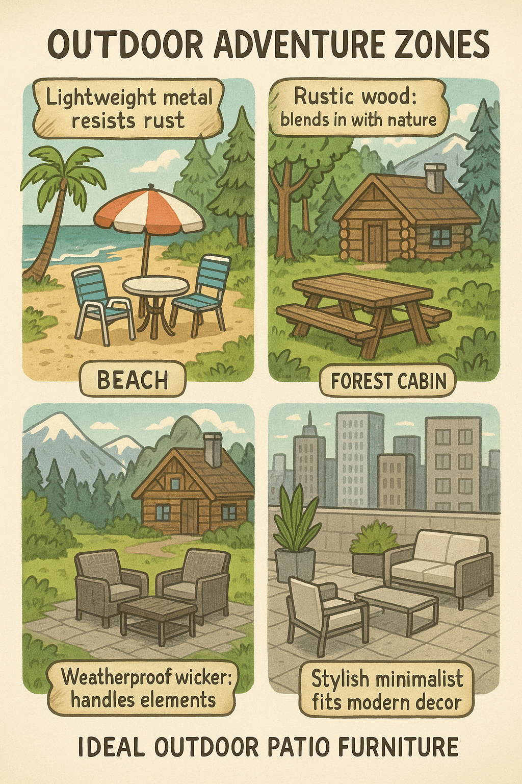 map showing outdoor patio furniture setups for different adventure locations