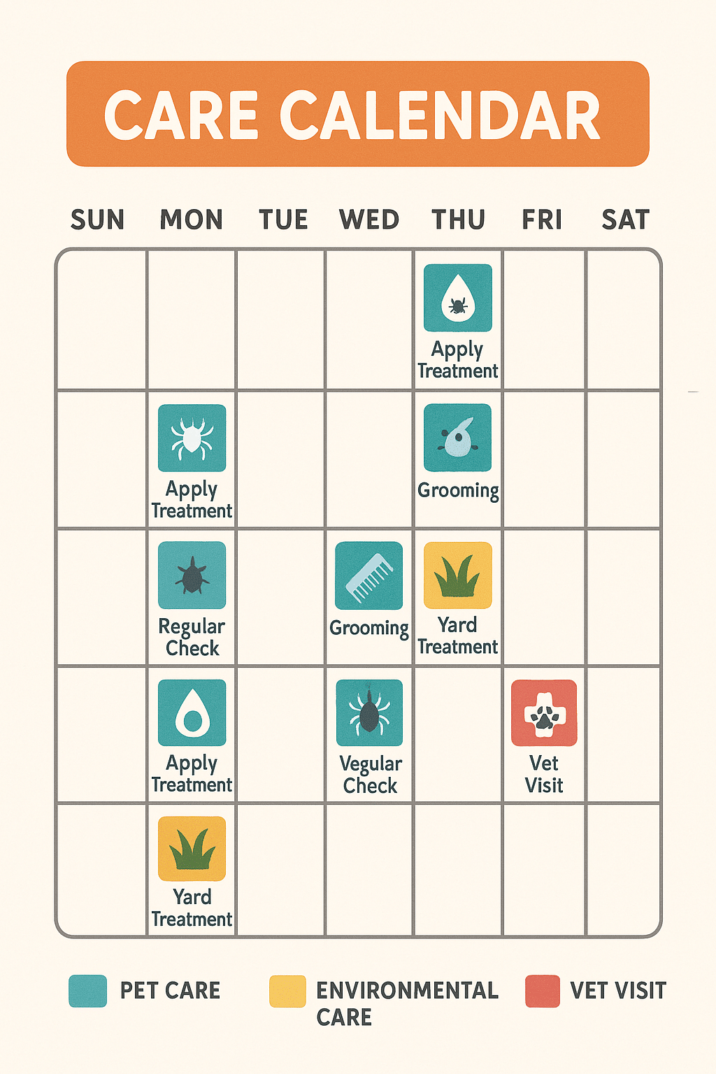 monthly flea and tick prevention care calendar for pet owners organized by treatment checks and groo