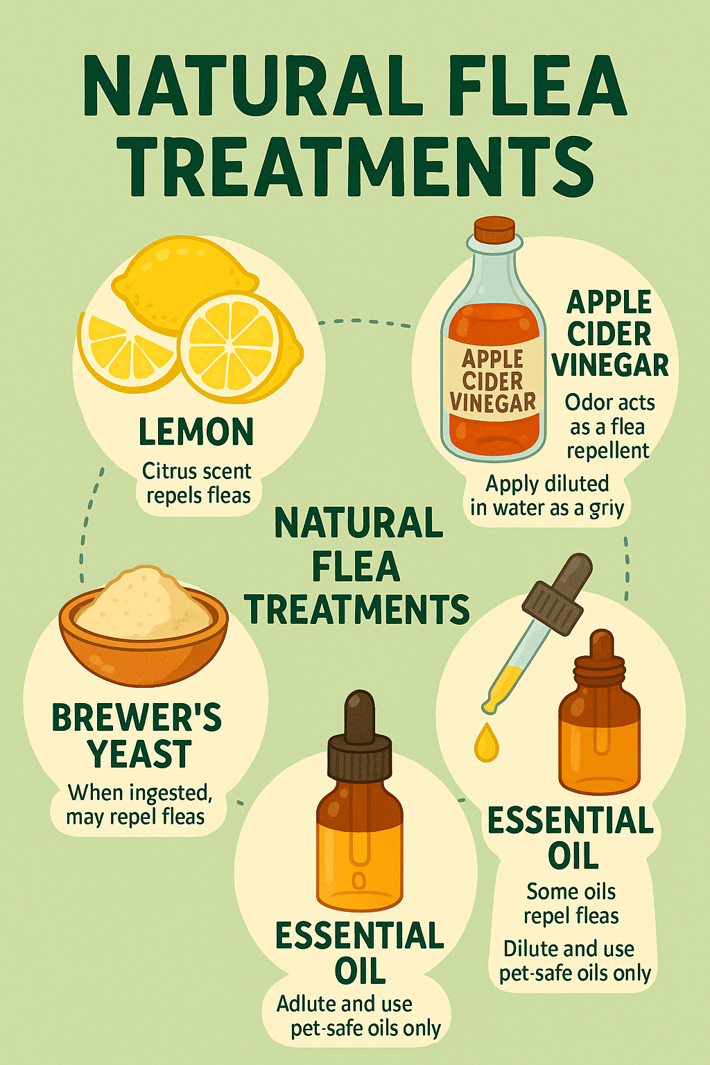 natural flea treatments infographic showing lemon apple cider vinegar diatomaceous earth essential o