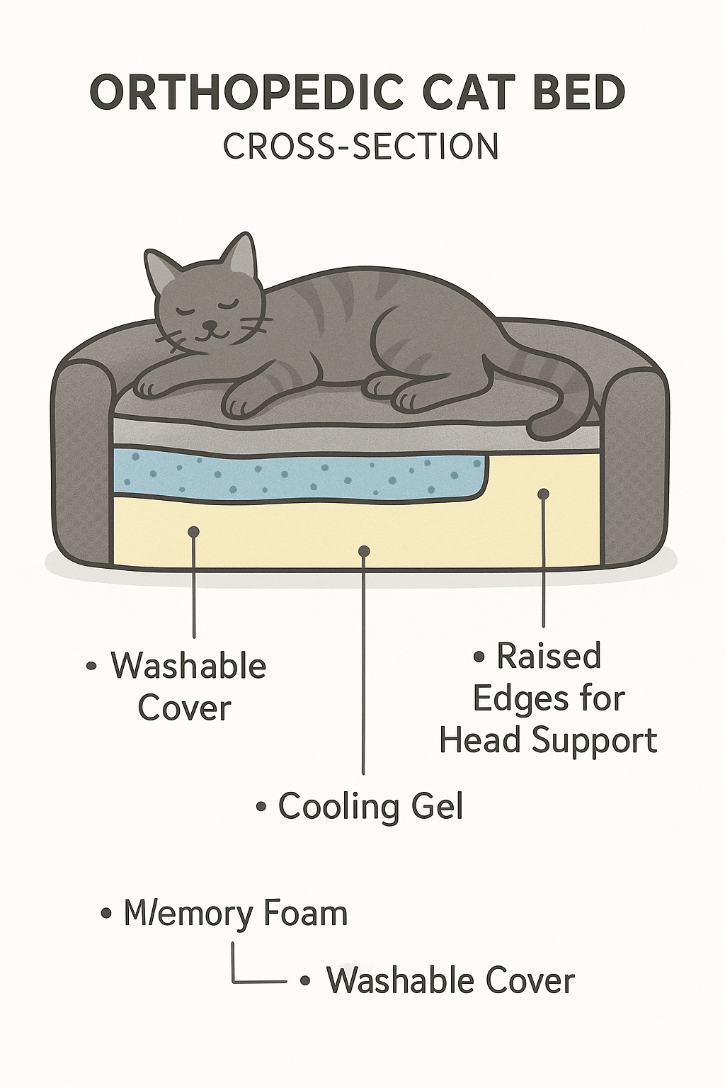 orthopedic best cat beds cross section diagram showing comfort and support layers