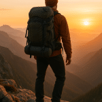 outdoor adventurer with hiking backpack reviews standing on mountain at sunrise ready for trail
