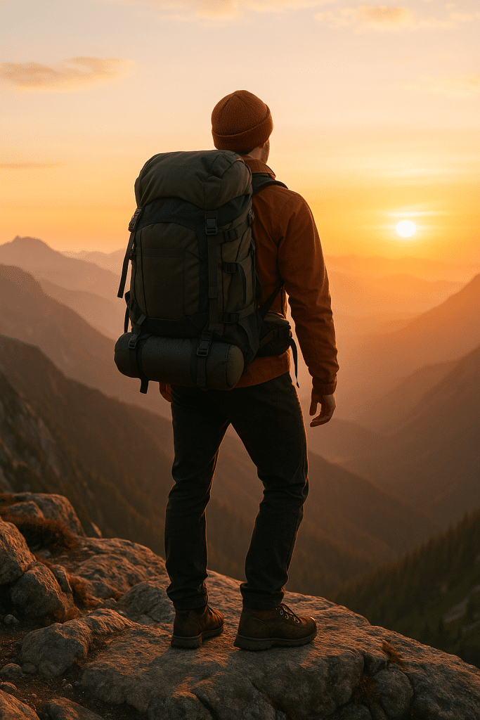 outdoor adventurer with hiking backpack reviews standing on mountain at sunrise ready for trail