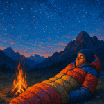 outdoor camper resting in best sleeping bags under starry night sky with campfire and mountains
