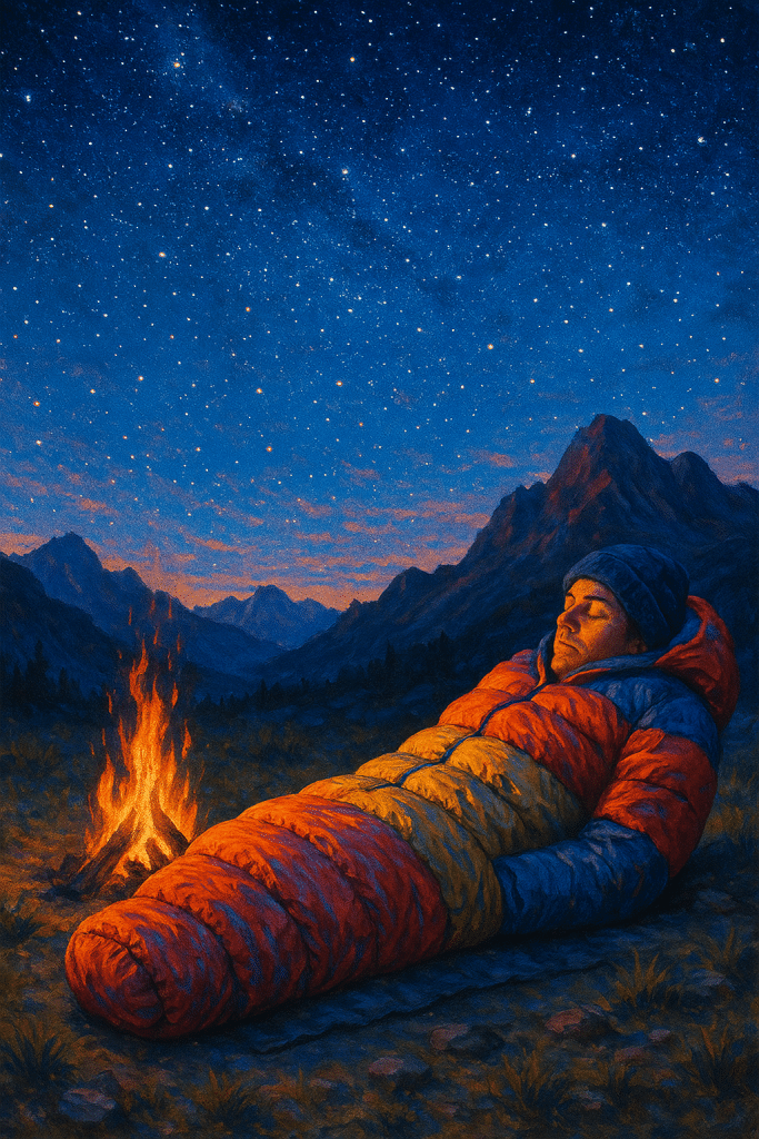 outdoor camper resting in best sleeping bags under starry night sky with campfire and mountains