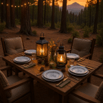 outdoor dining sets on rustic table surrounded by chairs with lanterns and forest background at sunset