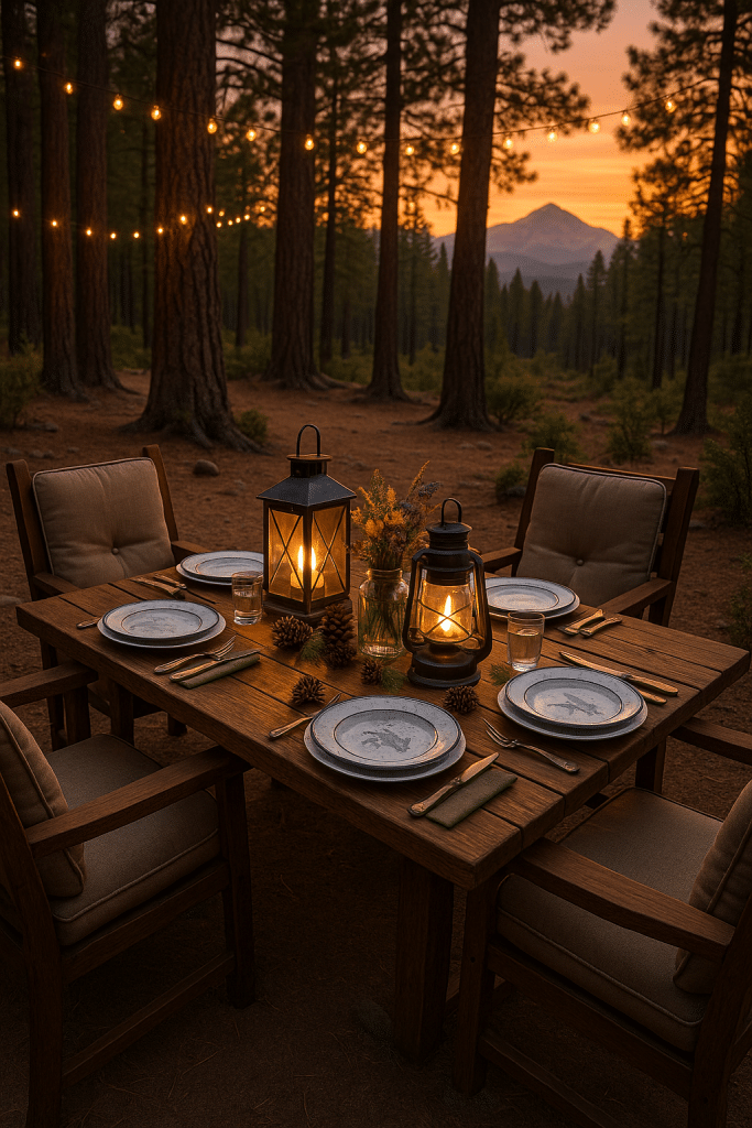 outdoor dining sets on rustic table surrounded by chairs with lanterns and forest background at sunset