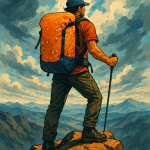 outdoor enthusiast with waterproof backpack on rocky peak ready for adventure