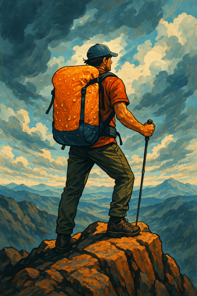 outdoor enthusiast with waterproof backpack on rocky peak ready for adventure