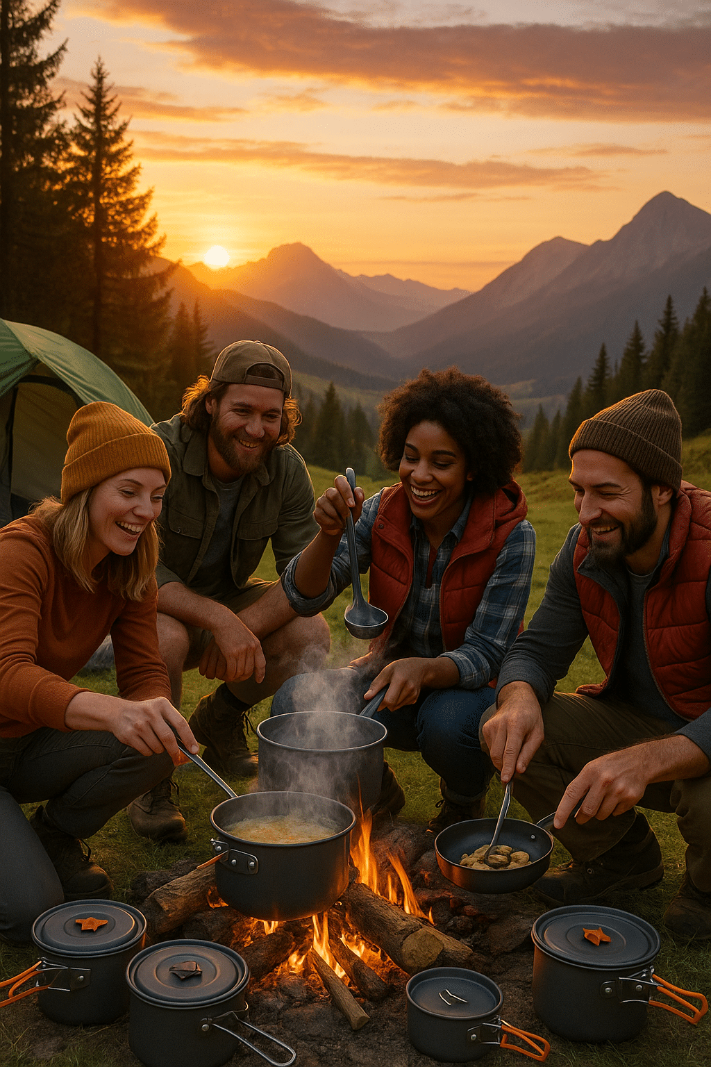 outdoor enthusiasts cooking with camping cookware sets at scenic campsite