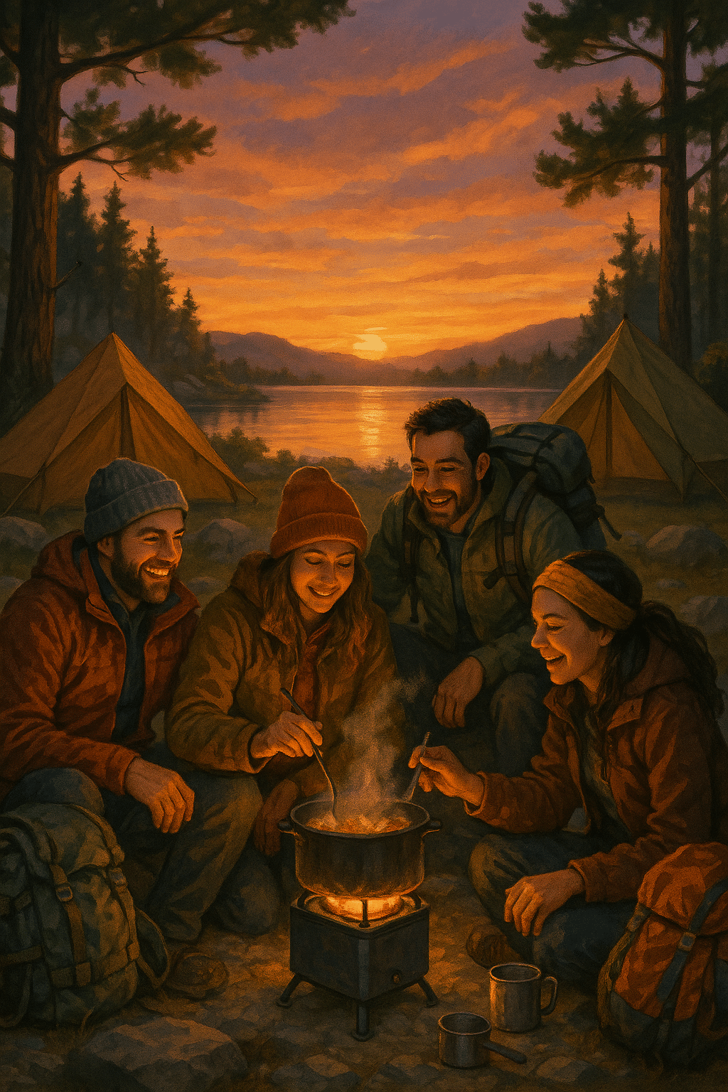 outdoor enthusiasts cooking with portable camping stove at lakeside campsite
