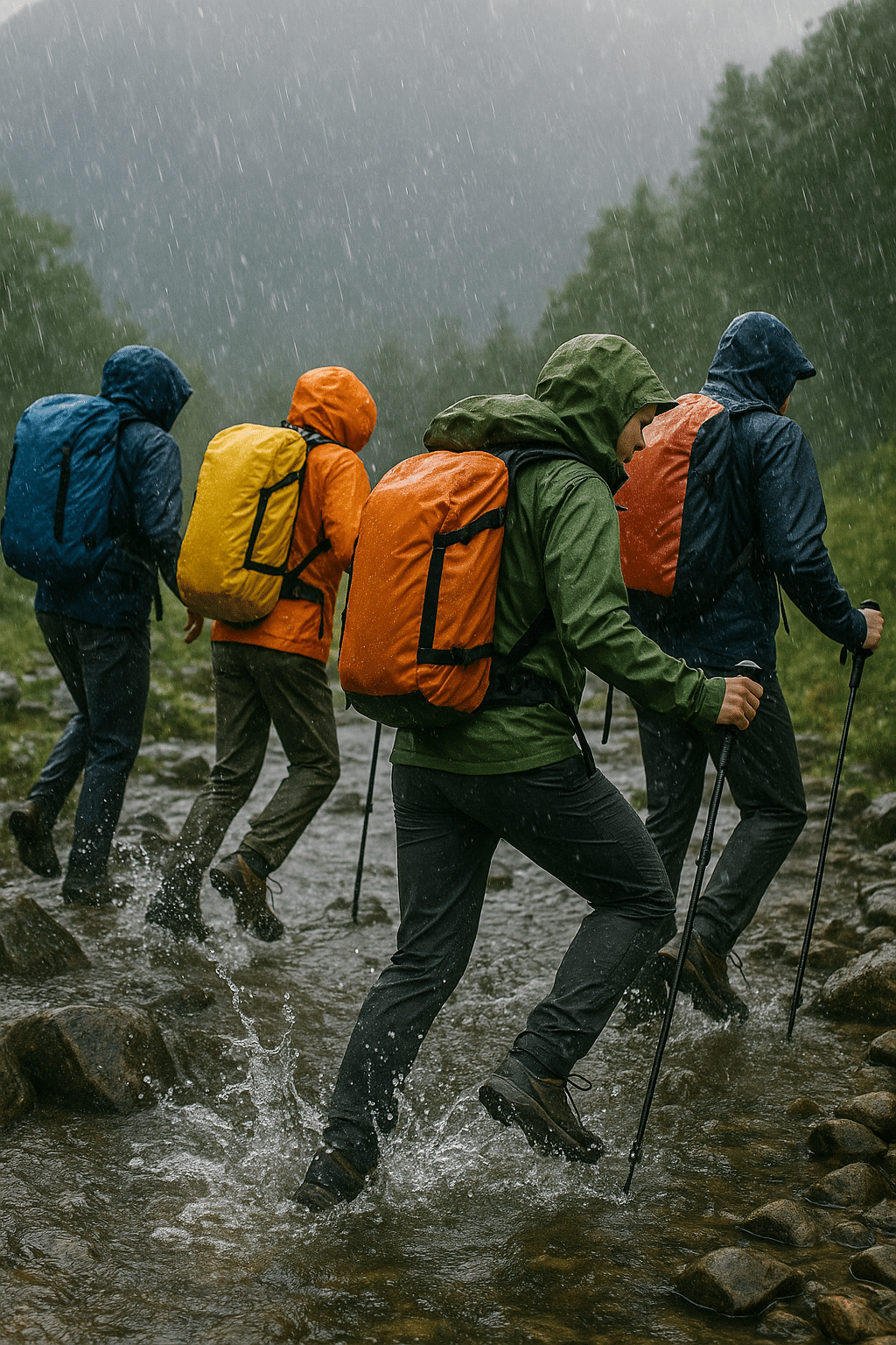 outdoor enthusiasts wearing waterproof backpacks crossing stream in rain showing water protection