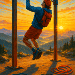 outdoor exercise equipment with adventurer working out on mountain scenic sunrise background