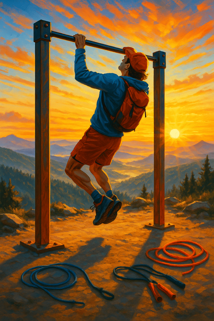 outdoor exercise equipment with adventurer working out on mountain scenic sunrise background
