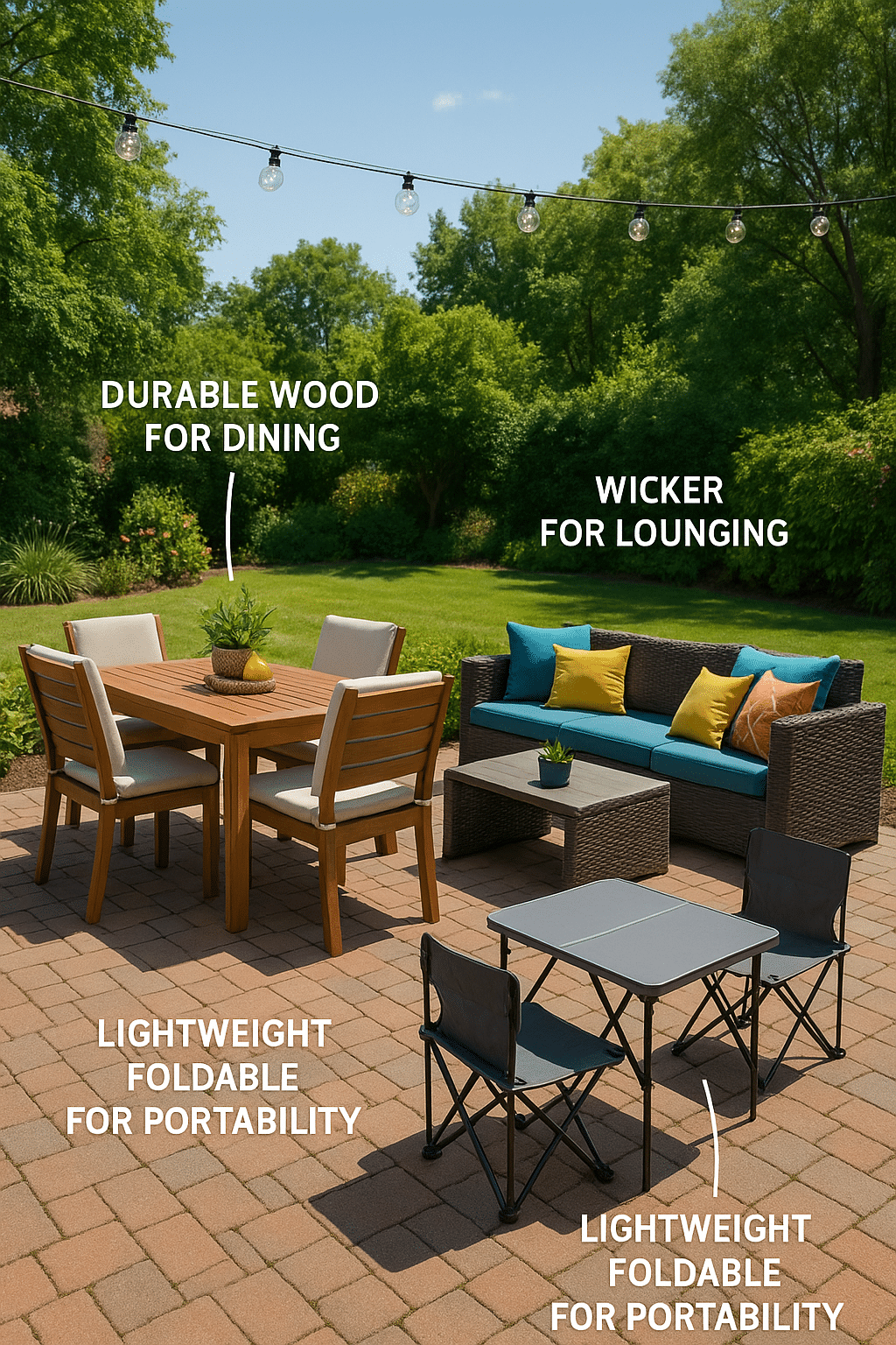 outdoor patio furniture types labeled in backyard setting with greenery and string lights