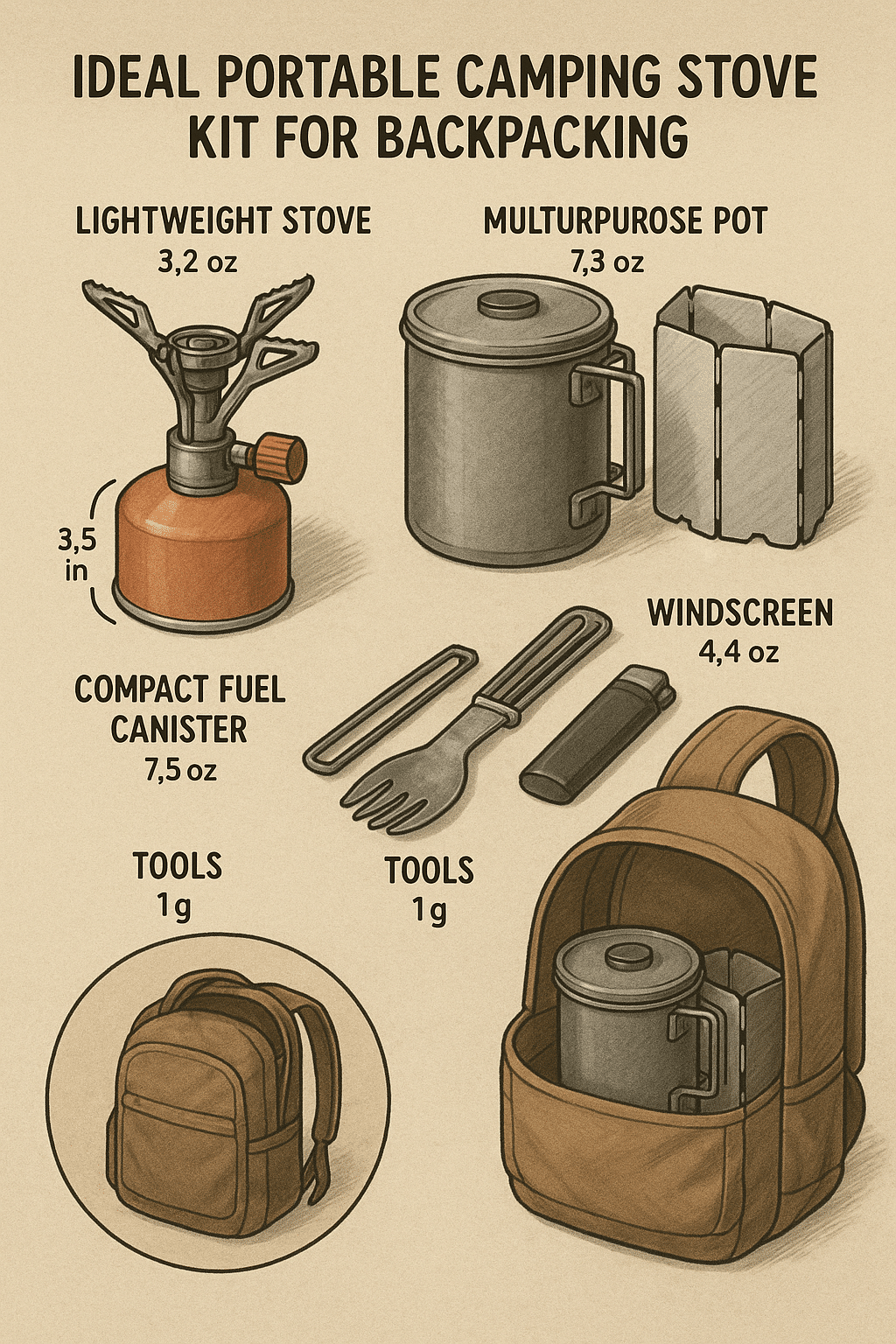 packed portable camping stove kit for backpacking with labeled lightweight gear