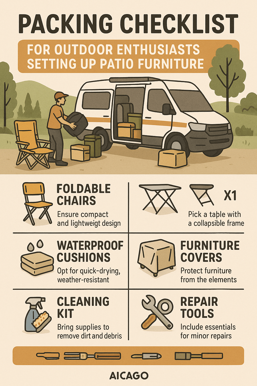 packing checklist infographic for outdoor patio furniture gear on adventures