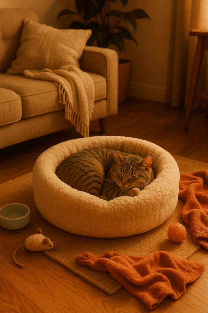 peaceful indoor scene with a relaxed cat in the best cat beds surrounded by cozy pet items
