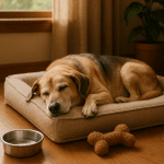 peaceful mature dog resting on orthopedic dog beds in cozy home environment