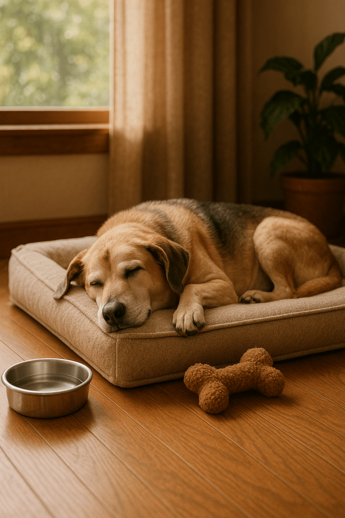peaceful mature dog resting on orthopedic dog beds in cozy home environment
