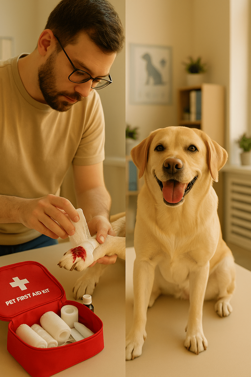 pet first aid kit use in treating pet paw injury with before and after healing comparison