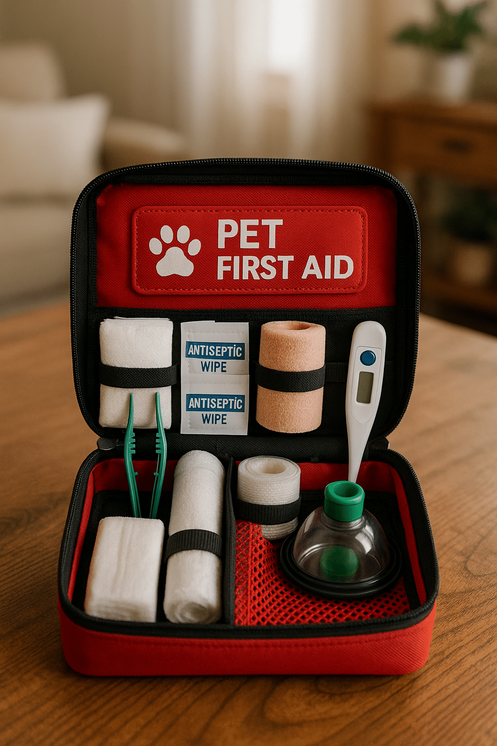 pet first aid kit with essential items like gauze antiseptic wipes and thermometer displayed on tabl
