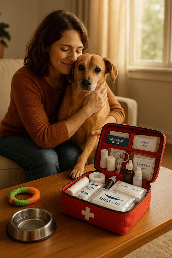 pet first aid kit with pet owner caring for dog in cozy home setting care and preparedness