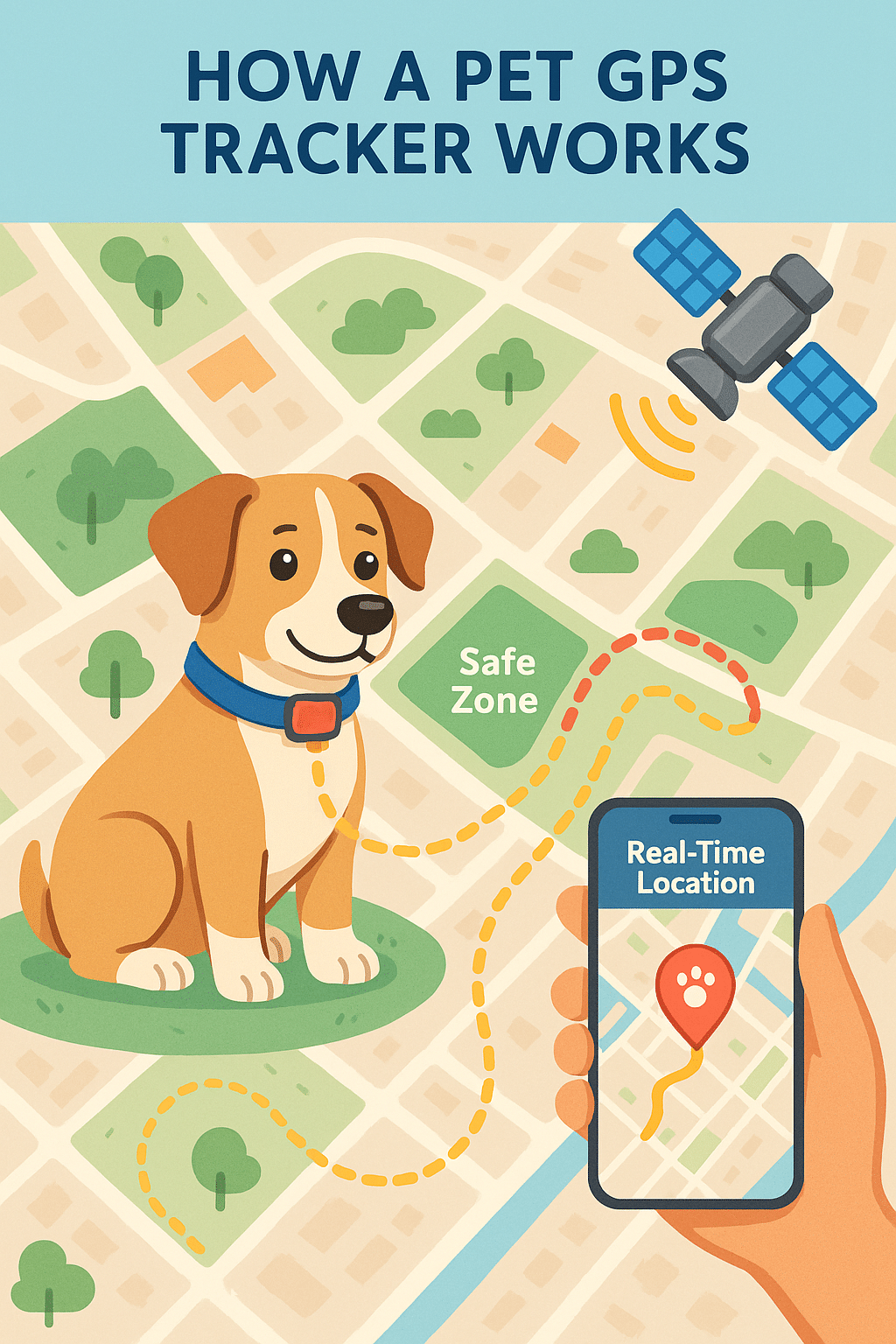 pet gps tracker showing real time pet location on smartphone app with neighborhood map
