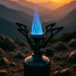 portable camping stove with blue flame on rocky terrain and mountain sunrise background