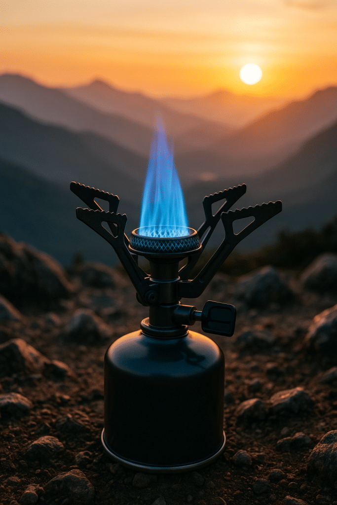 portable camping stove with blue flame on rocky terrain and mountain sunrise background