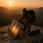portable solar panels camping backpacker at sunrise outdoor sustainable energy