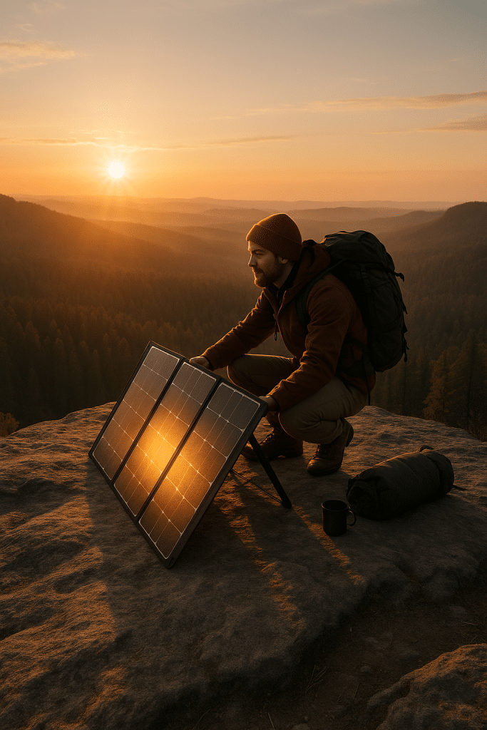 portable solar panels camping backpacker at sunrise outdoor sustainable energy