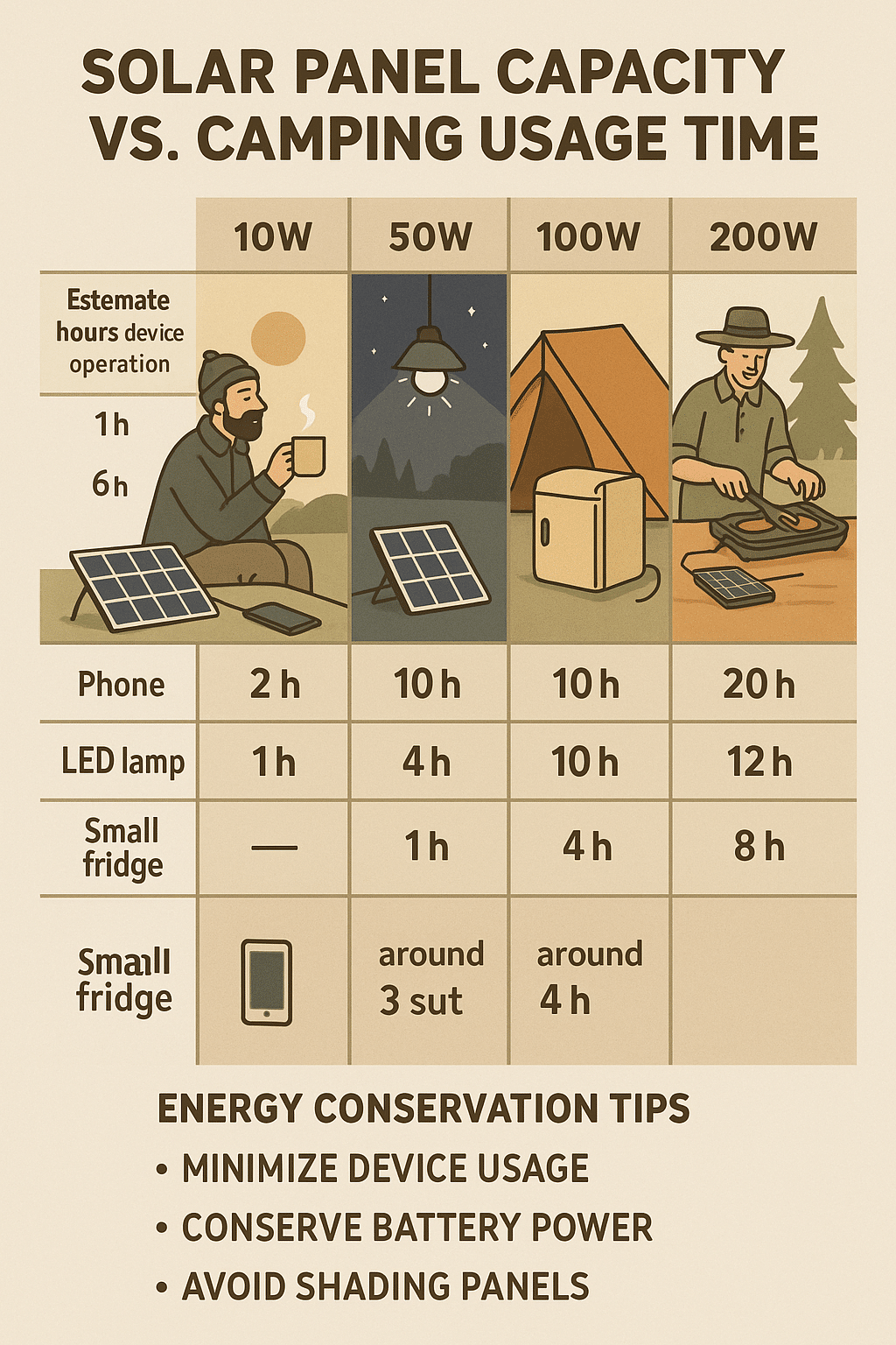 portable solar panels camping capacity versus usage infographic with devices