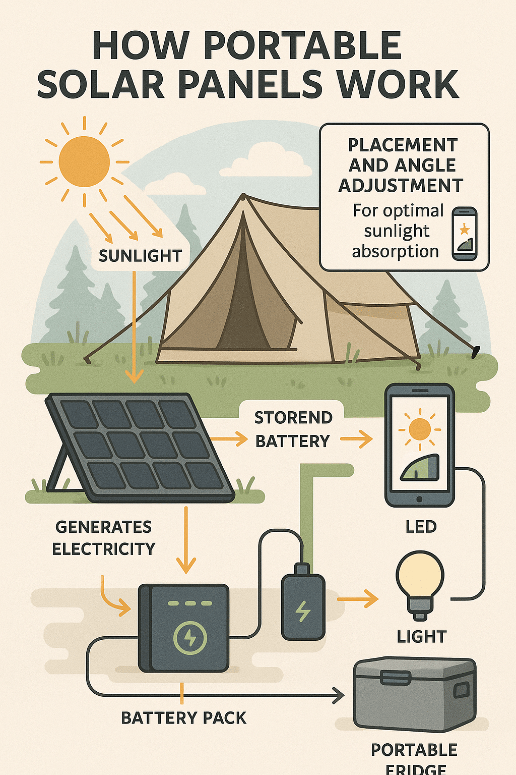 portable solar panels camping energy flow diagram with battery and device charging