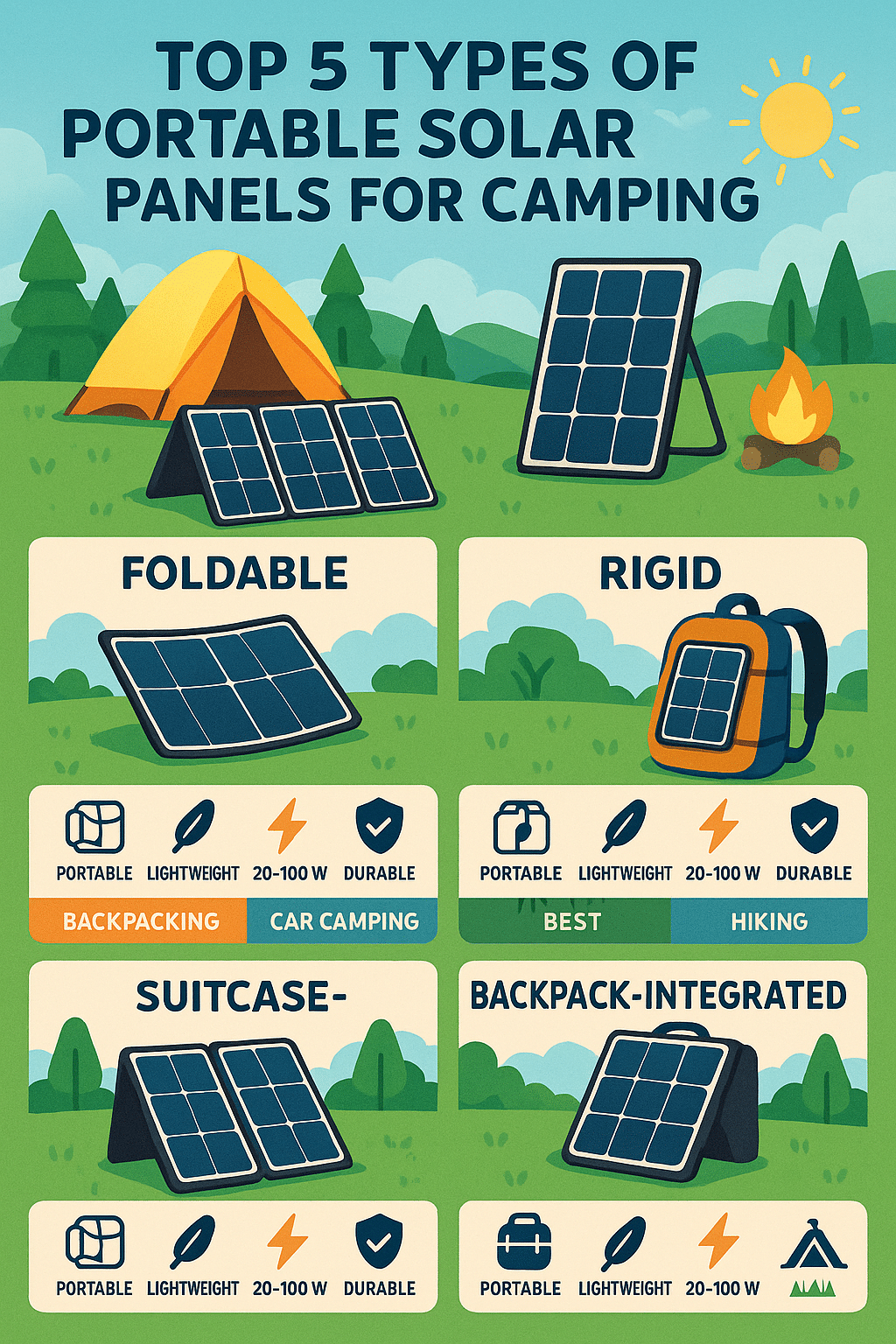portable solar panels camping types comparison infographic with features and best uses
