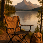 premium camping chair by a lakeside at golden hour representing camping chairs reviews for outdoor enthusiasts