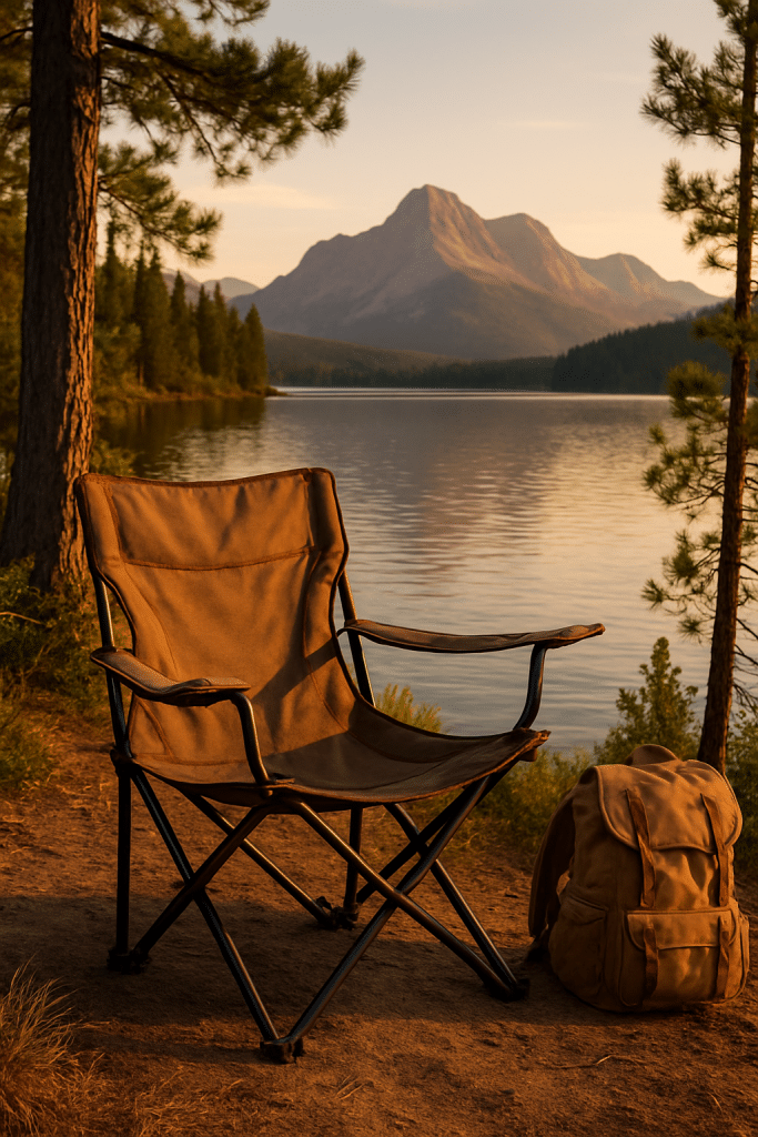 premium camping chair by a lakeside at golden hour representing camping chairs reviews for outdoor enthusiasts