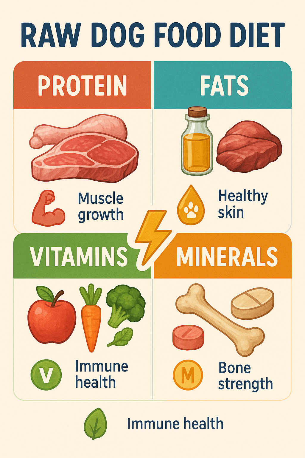 raw dog food diet nutritional benefits infographic showing protein fats vitamins and minerals