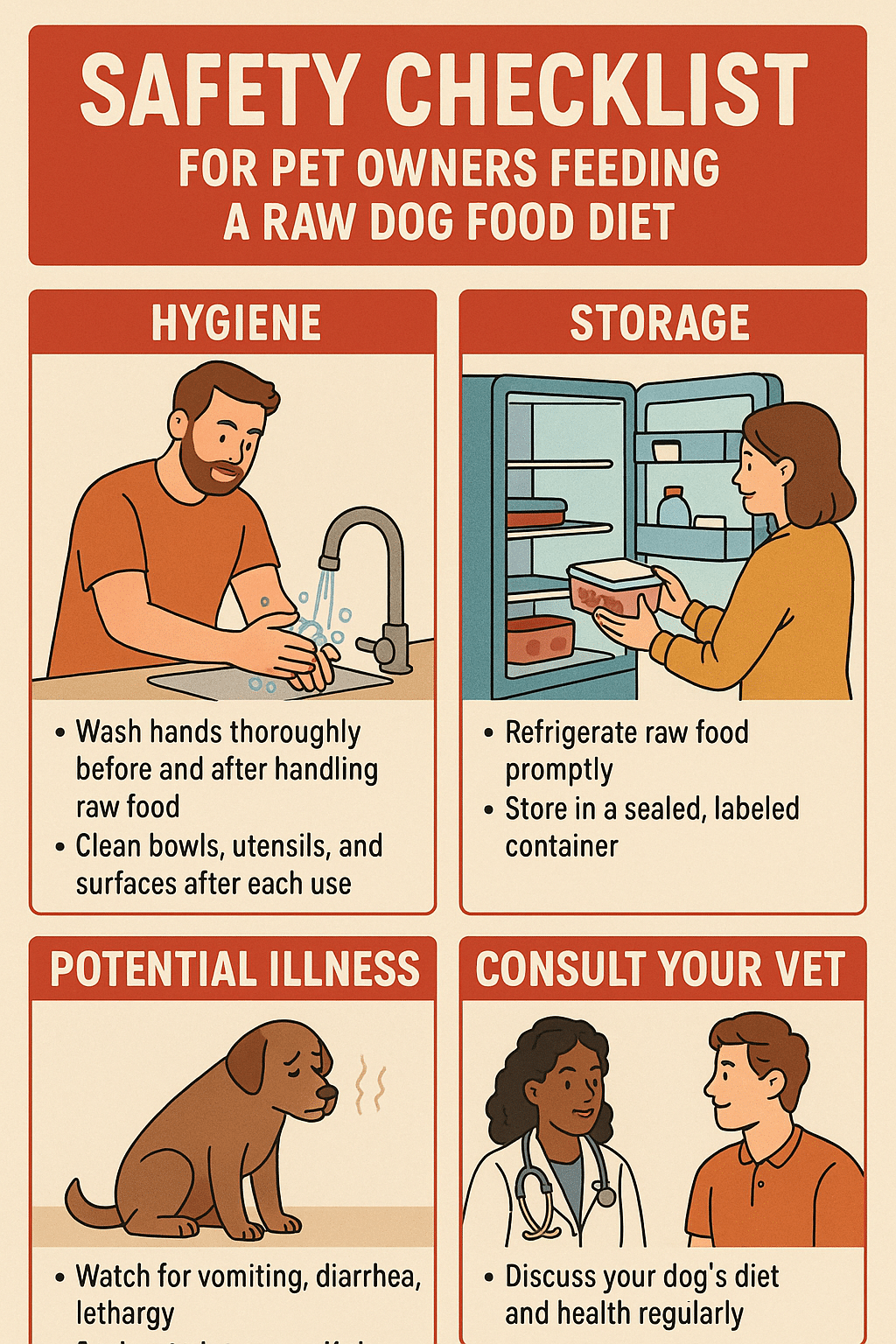 raw dog food diet safety checklist with hygiene storage and vet consultation tips